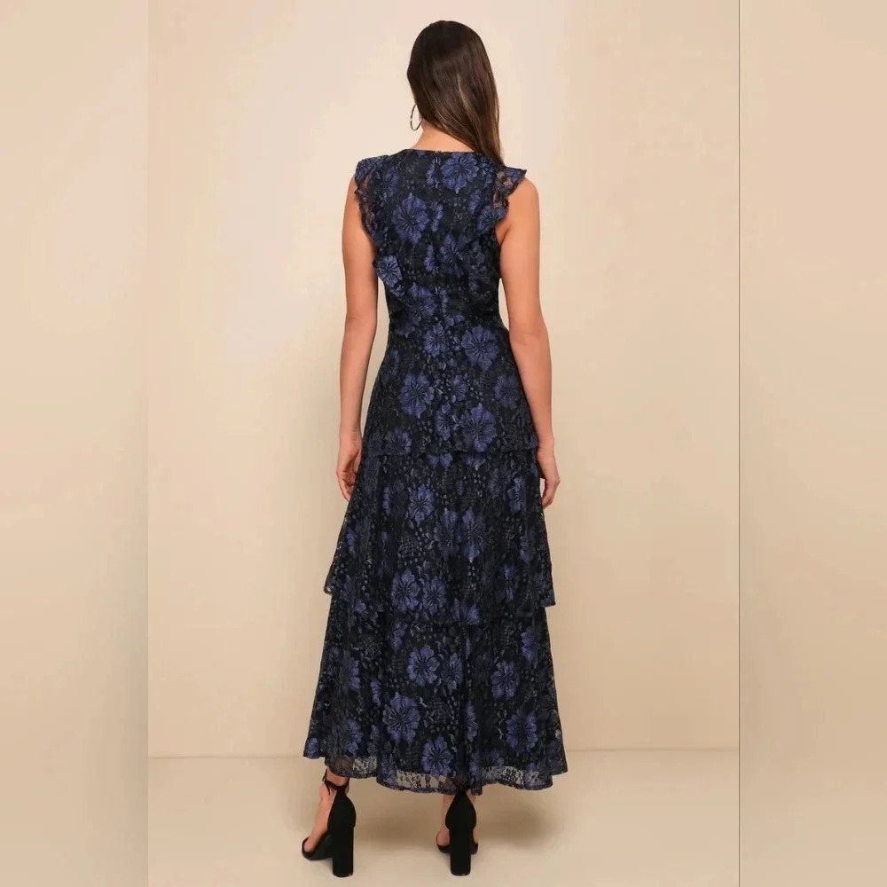 Lulus Molinetto Navy Blue Lace Ruffled Tiered Sleeveless Maxi Dress Party Prom - Picture 5 of 11